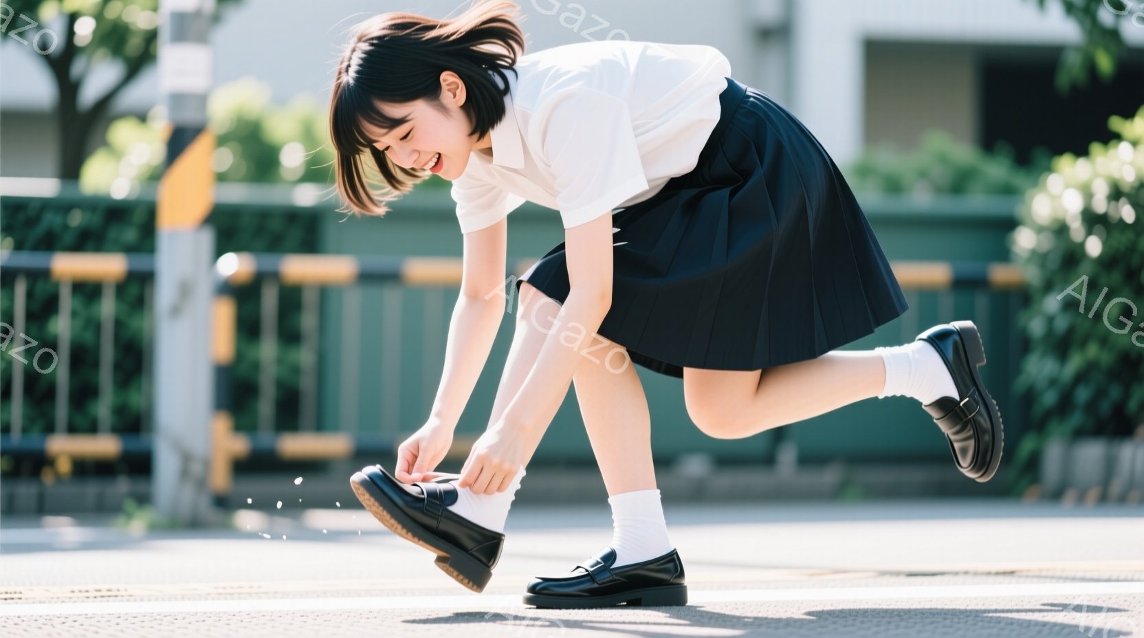 制服姿の少女が、靴紐を結び直そうと片膝をついて前かがみになっている。黒いプリーツスカートと白いシャツを着ており、白いソックスと黒い革靴を履いている。背景には緑色の柵と建物が見え、晴れた日の屋外で、活気があり、少しコミカルな雰囲気である。