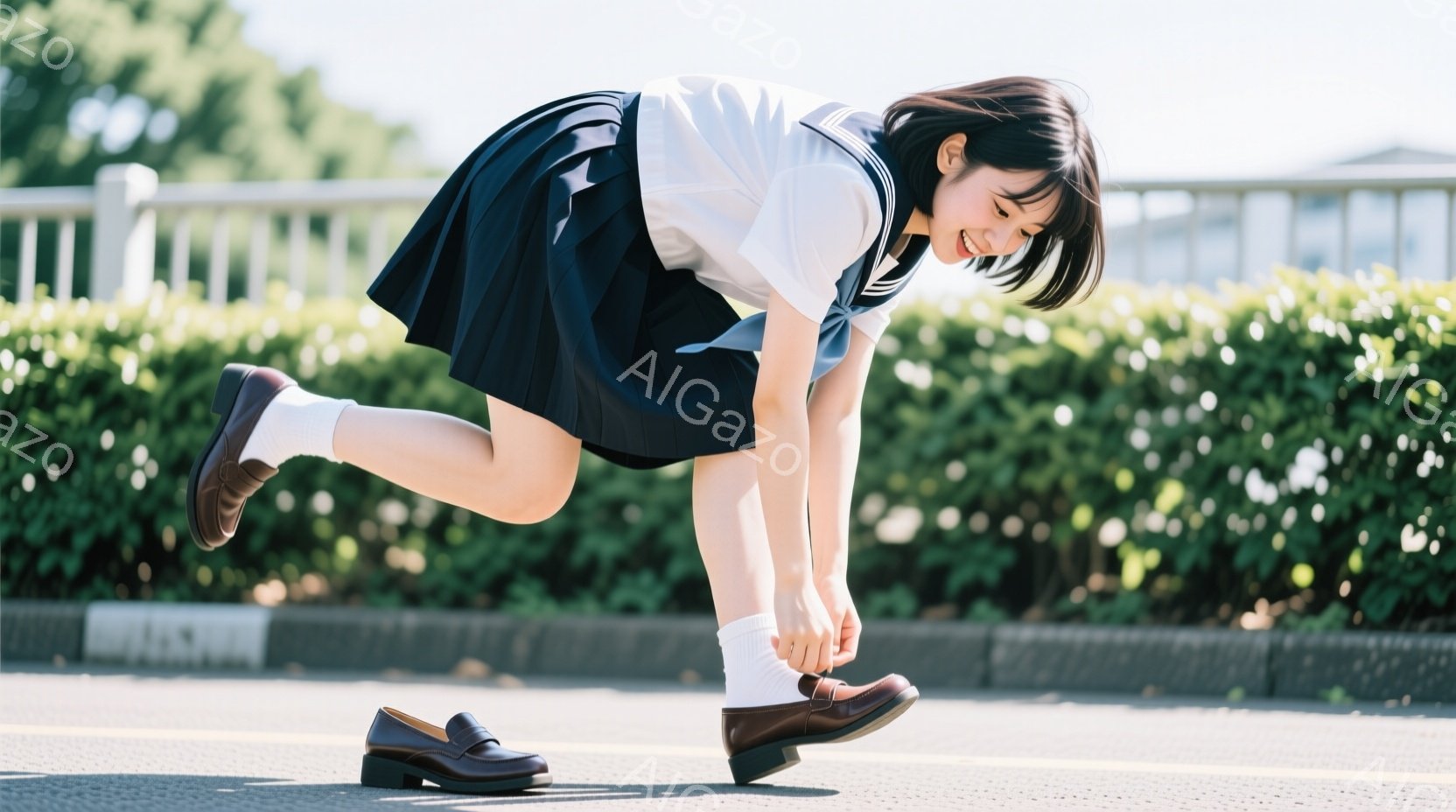 制服を着た女子学生が、靴紐を結びながら片膝をついて姿勢を低くしています。彼女は黒いロングヘアで、少し微笑んでおり、表情は明るく、リラックスしています。背景には緑の生垣とアスファルトの道があり、晴れた日の穏やかな雰囲気が伝わってきます。