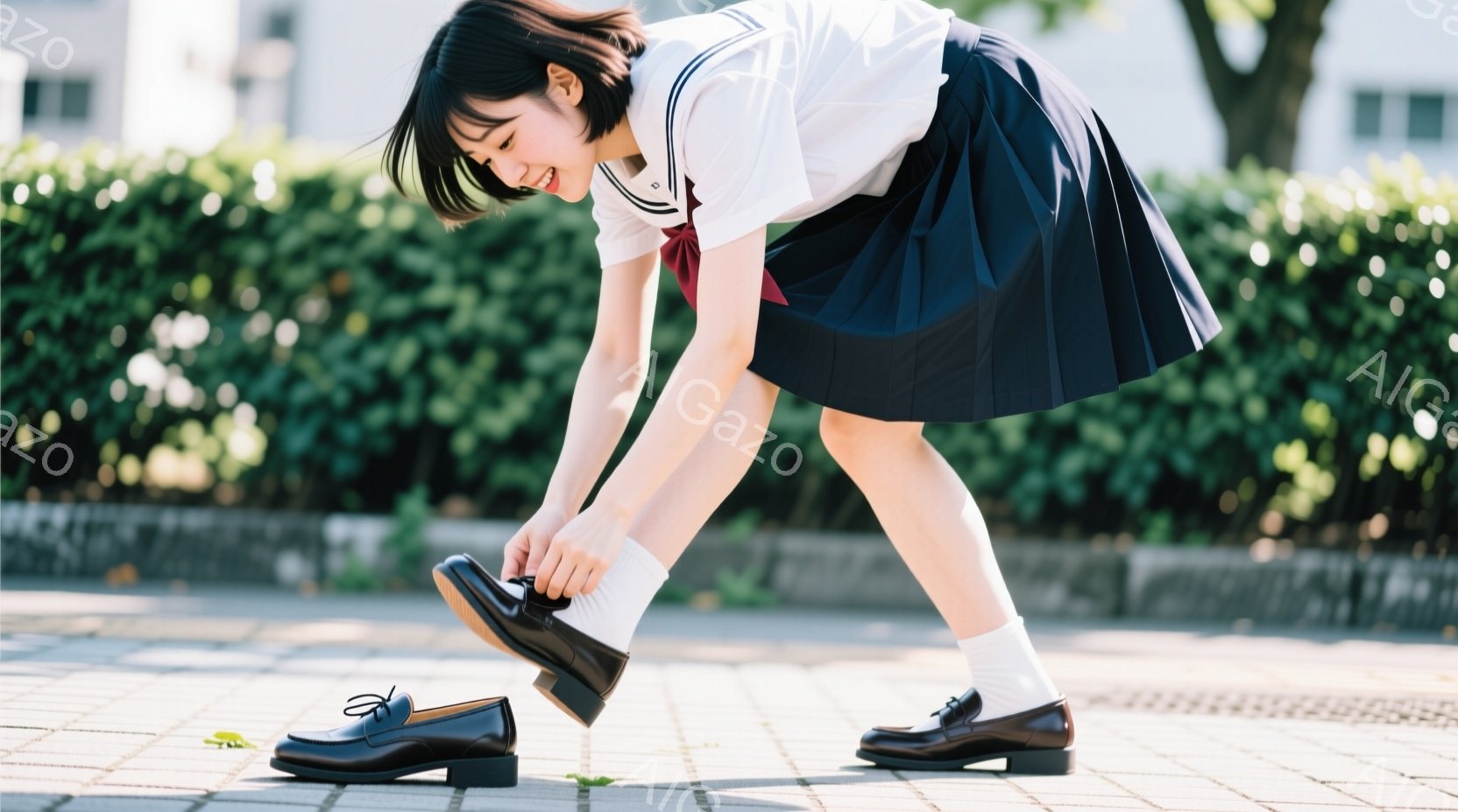 紺色のプリーツスカートと白いブラウス、リボンを締めた女子高生が写っています。彼女は靴紐を結ぶために前かがみになり、白い靴下を履いています。背景には緑の生垣と石畳の道が見え、晴れた日の穏やかな雰囲気が漂っています。