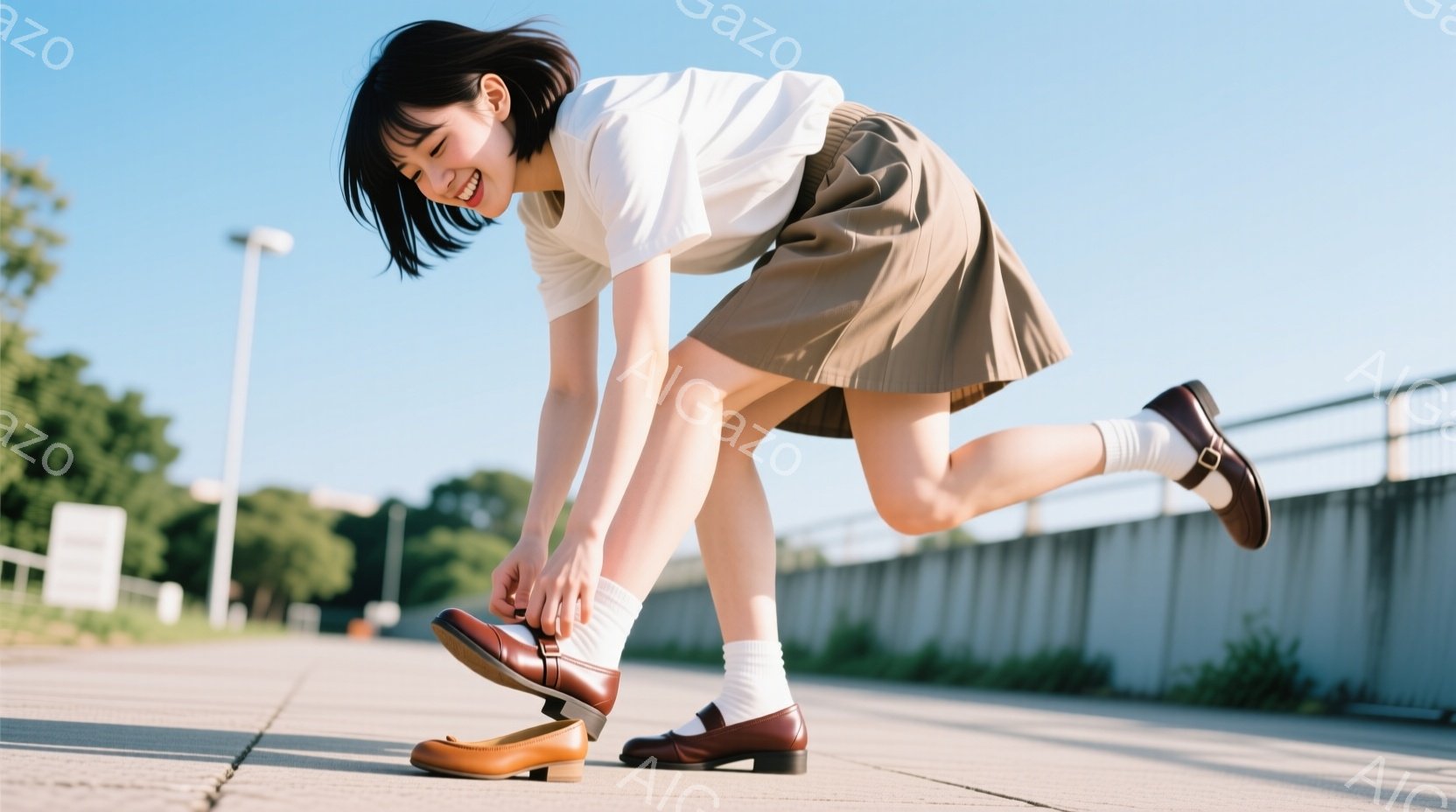 制服を着た若い女性が、片膝をついて靴紐を結び直している様子が写っています。彼女は明るい笑顔で、片足を後ろに伸ばし、活発な姿勢を見せています。背景にはコンクリートの壁と緑豊かな木々が見え、晴れた空の下で、若々しくエネルギッシュな雰囲気が漂っています。