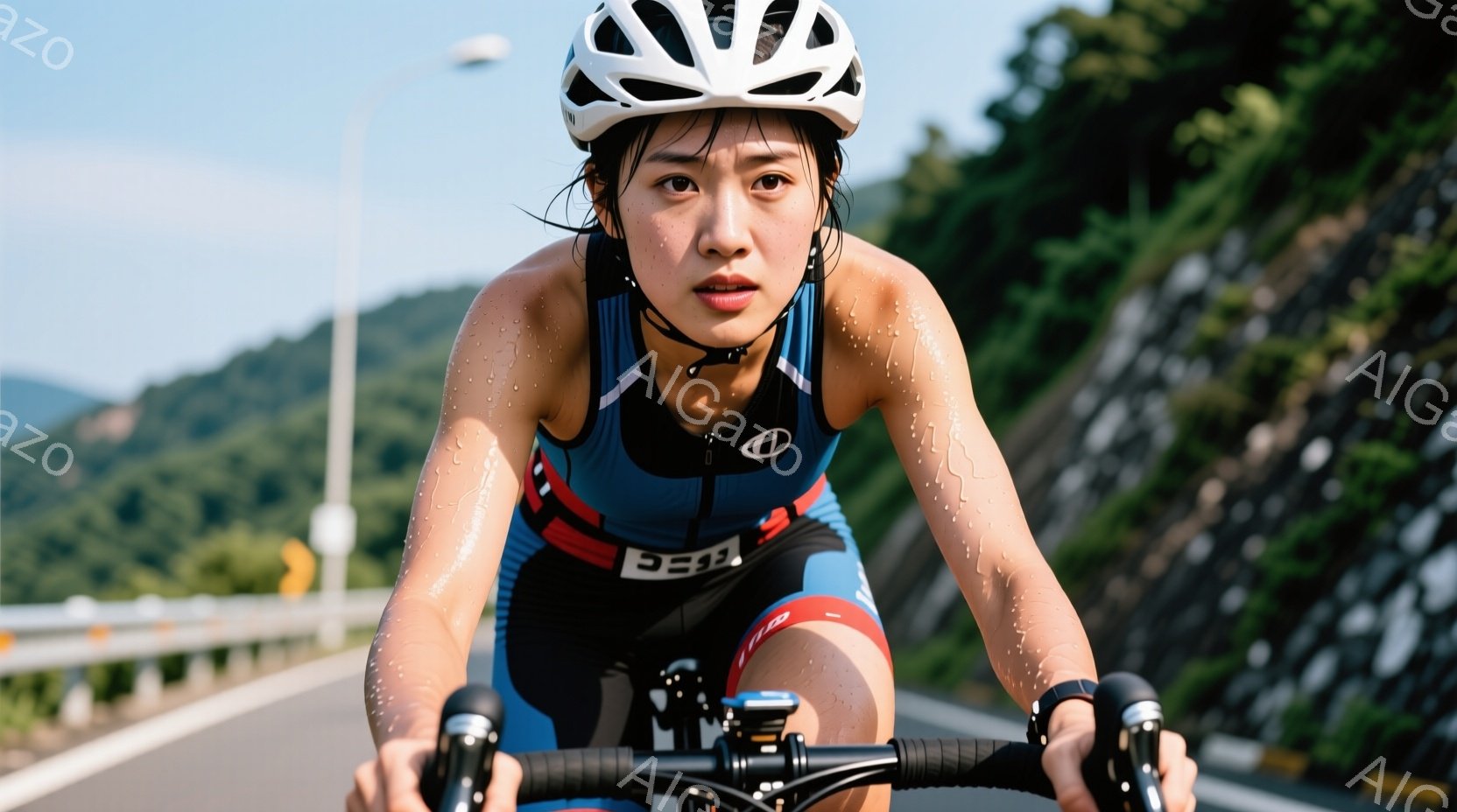 競技用のトライスーツを着た女性が、ロードバイクで坂道を走行している。彼女は額に汗をかき、真剣な表情でハンドルを握り、強い意志を感じさせる。背景には緑豊かな山々と青空が広がり、晴天の下、スポーツに励む様 - AI生成フリー素材