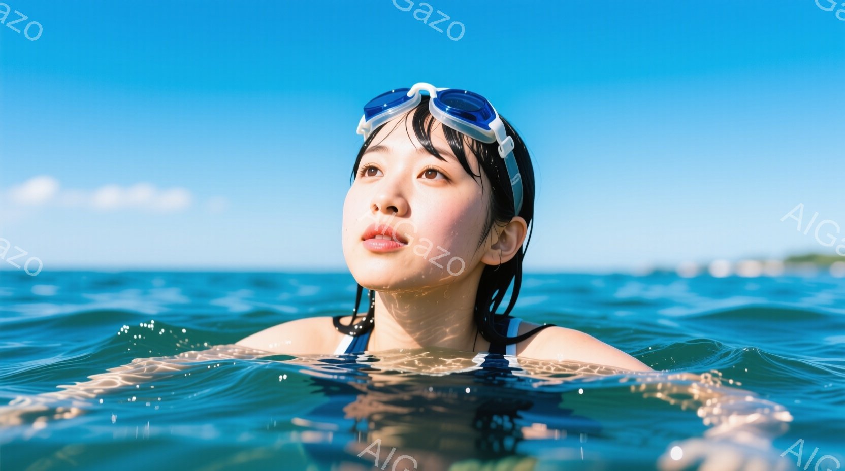 水色の海に顔を出し、ゴーグルをつけた若い女性が写っている。彼女は濡れた髪で、少し微笑んでいる表情をしており、水面を横向きに漂っているように見える。背景は晴れた青空と穏やかな波で、全体的にリラックスした夏の雰囲気を醸し出している。
