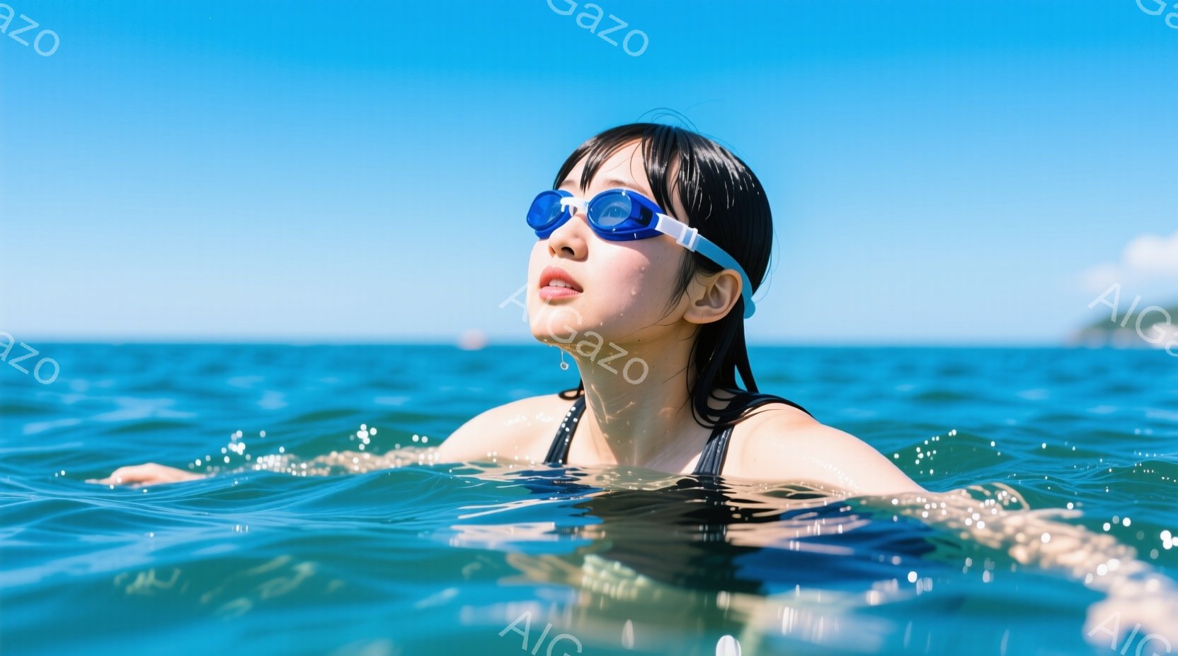 水色の海に顔を浸し、ゴーグルをかけた女性が写っている。黒髪を水で濡らし、わずかに微笑んでいる様子から、リラックスした雰囲気が伝わる。背景には青空と穏やかな海が広がり、夏の日の水泳を楽しんでいる様子が伺える。