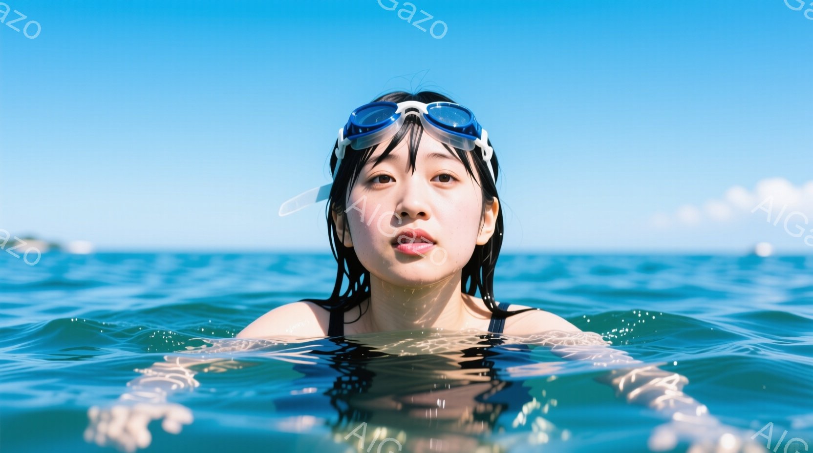 水中で顔を出し、ゴーグルを装着した若い女性が写っている。彼女は黒髪で、水に濡れて額にかかっている。背景は青い海と空で、波が穏やかに揺れている。 - AI生成フリー素材