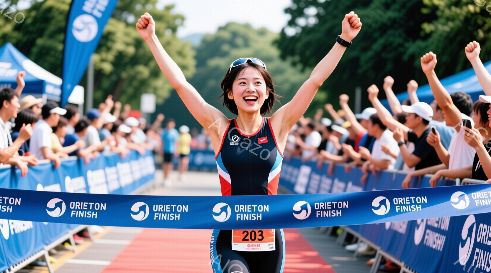 トライアスロン競技のフィニッシュラインを通過する女性アスリートが写っています。彼女は黒のトライスーツを着用し、髪をポニーテールにまとめ、満面の笑みを浮かべながら両腕を高々と上げています。背景には、観客席と緑豊かな自然が広がり、晴天の下で活気あふれる雰囲気が伝わってきます。
