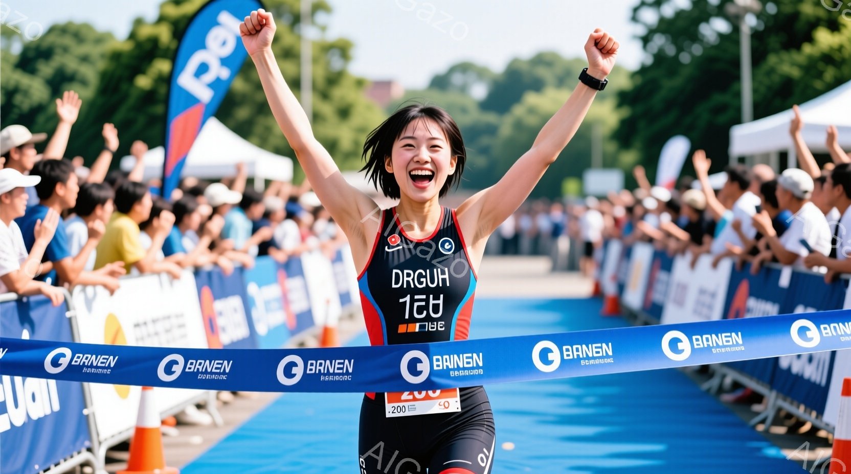競技者がフィニッシュラインを駆け抜け、両手を高く上げて歓喜している様子が写っている。彼女は黒いトライスーツを着用し、髪をポニーテールにしている。背景には観客席と青空が見え、晴れた日のスポーツイベントの活気ある雰囲気が伝わってくる。