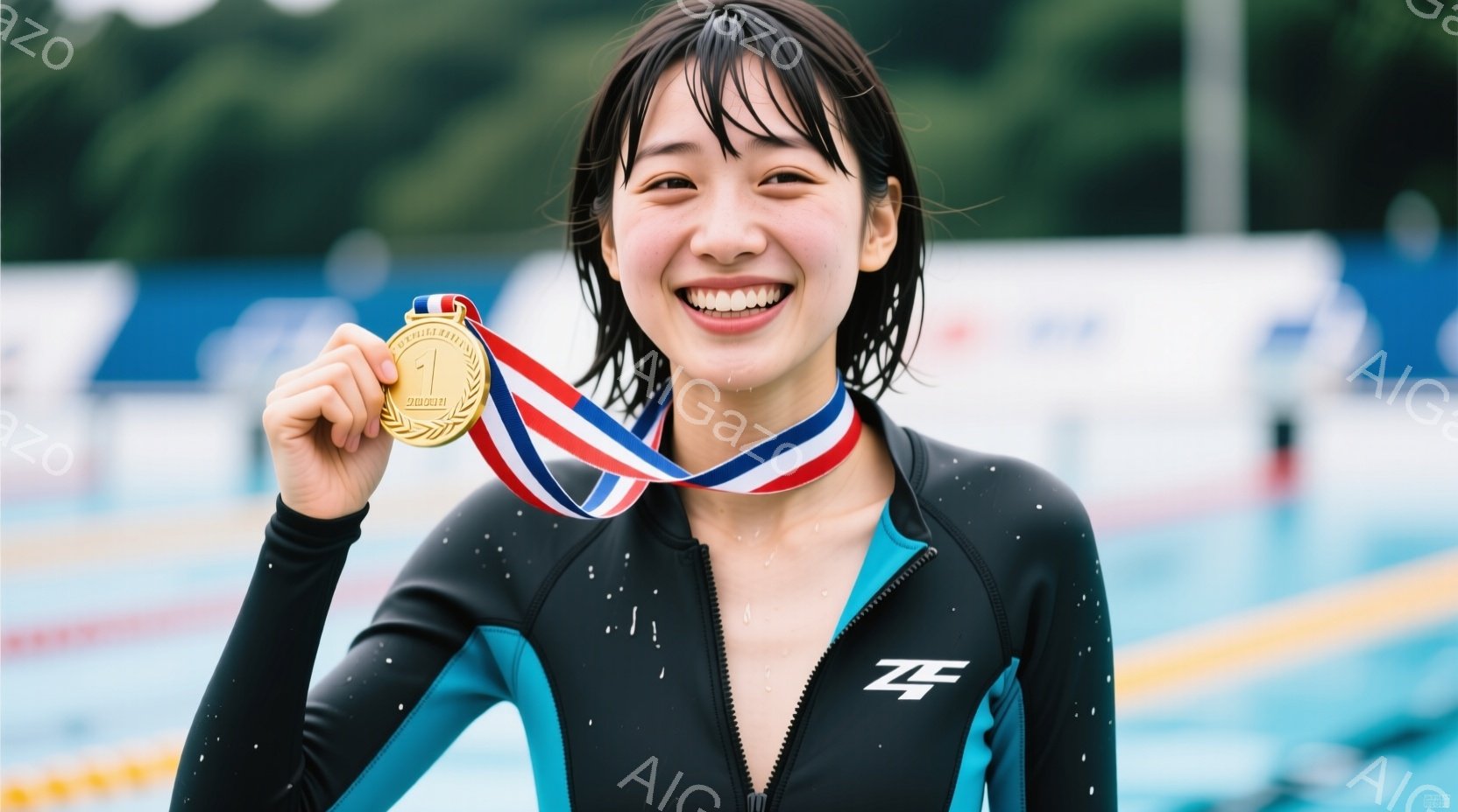 水泳競技を終えた女性が、金メダルを首から下げて満面の笑顔でこちらを見ている。彼女は黒色の競泳用水着に身を包み、濡れた髪を耳にかけると、水滴が肩や胸元に光っている。背景には、プールの水面と、ぼやけた観客席、そして曇り空が確認できる。