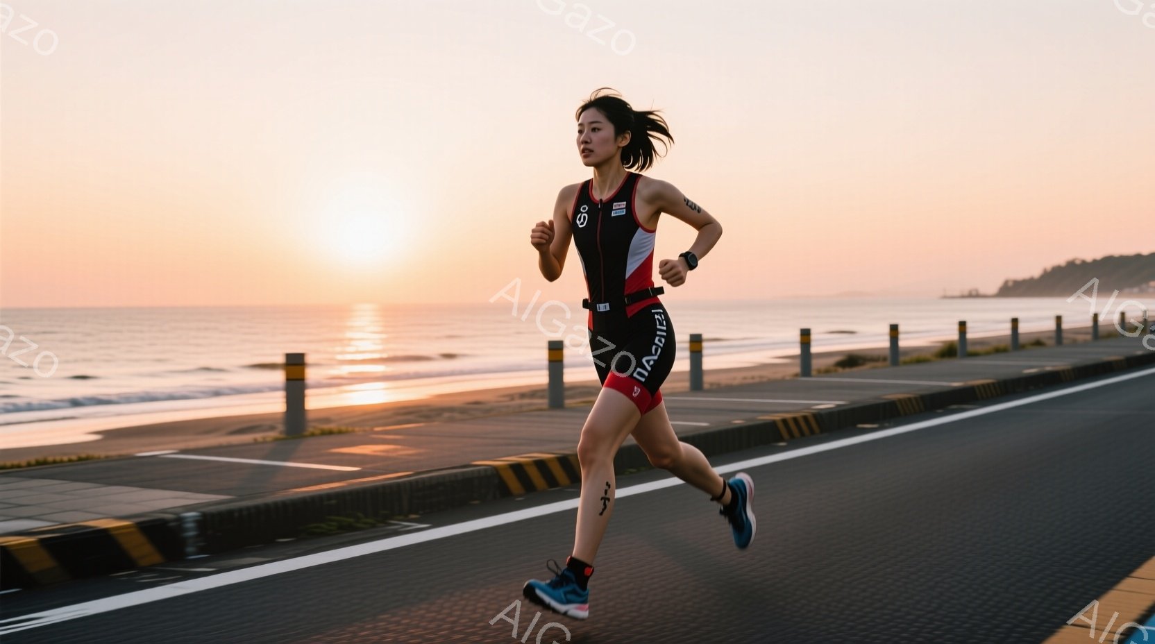 海沿いの道路を走る女性が写っています。黒と赤のトライスーツ姿で、髪は後ろで一つに結ばれています。背景には穏やかな海と朝日が広がり、全体的に爽やかで活気のある雰囲気が漂っています。 - AI生成フリー素材