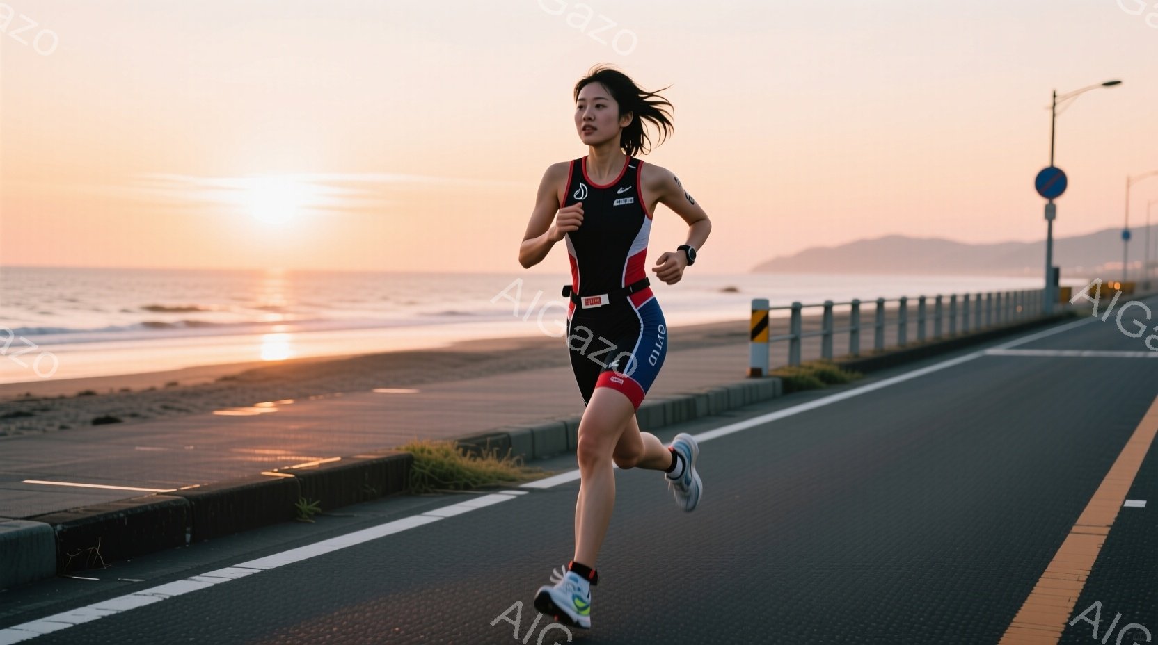 この女性は、トライアスロン用のスーツ（黒と赤）とランニングシューズを着用し、海岸沿いの道路を走っている。髪は後ろでポニーテールにしており、集中した表情で前を見据えている。背景には穏やかな海と夕焼け空が - AI生成フリー素材
