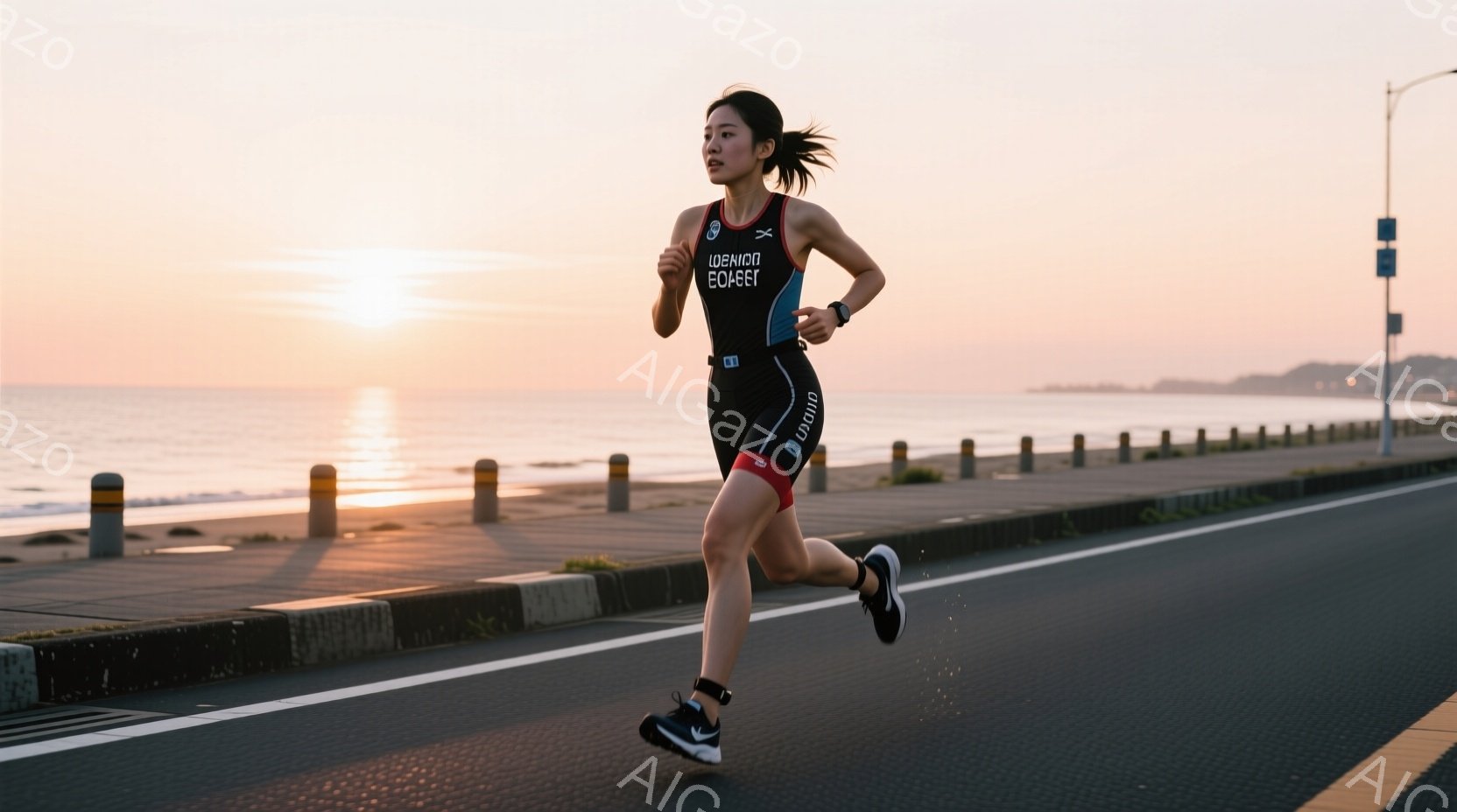 海沿いの道路を走る女性の姿が捉えられています。彼女はトライアスロン用のスーツを着用し、髪はポニーテールに結ばれています。背景には穏やかな海と夕焼けが見え、爽やかで活気のある雰囲気が漂っています。 - AI生成フリー素材