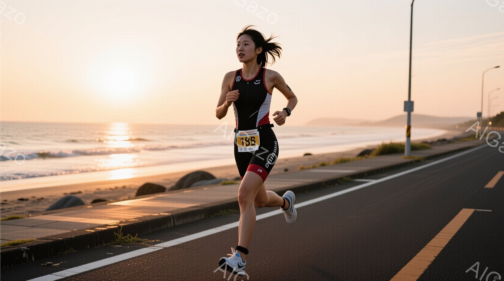 一人の女性が海岸沿いの道路を走っている。彼女は黒とピンクのトライアスロンスーツを着用し、髪はポニーテールに結ばれている。背景には穏やかな海と、夕焼けに照らされた建物が見え、全体的に爽やかで活気のある雰 - AI生成フリー素材