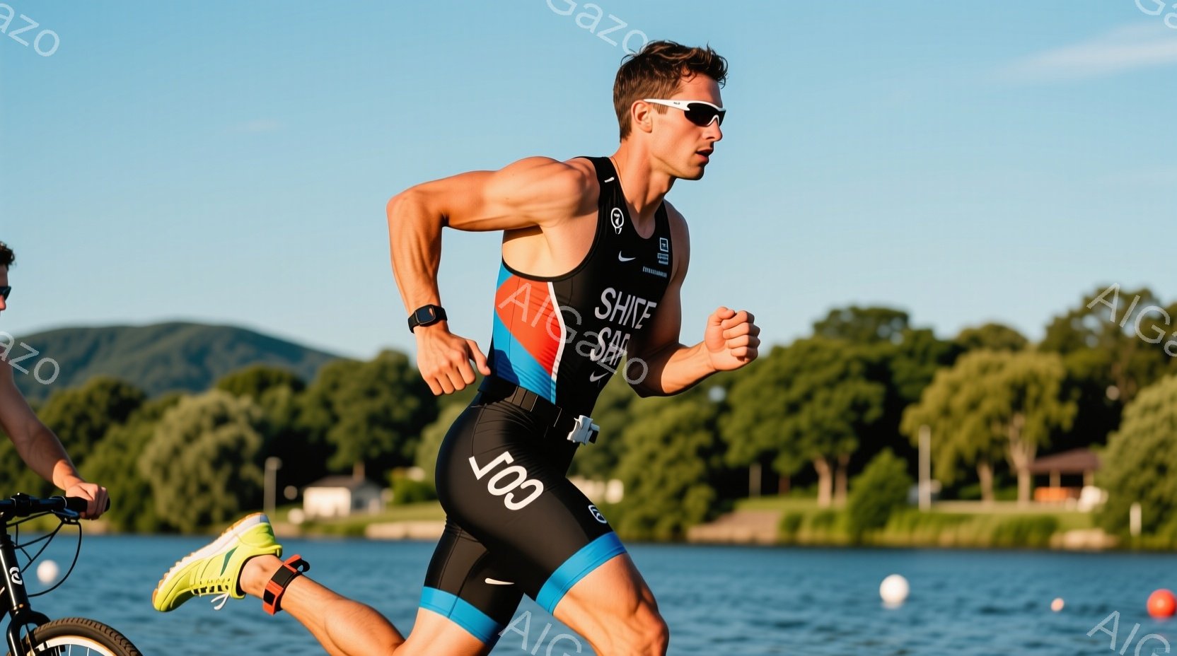 競技中の男性ランナーを捉えています。彼はトリップスーツを着用し、日焼けした肌と短い髪、集中した表情をしています。背景には穏やかな湖、緑豊かな木々、遠くの丘が見え、晴天の下、競技の活気と自然の美しさを伝えています。