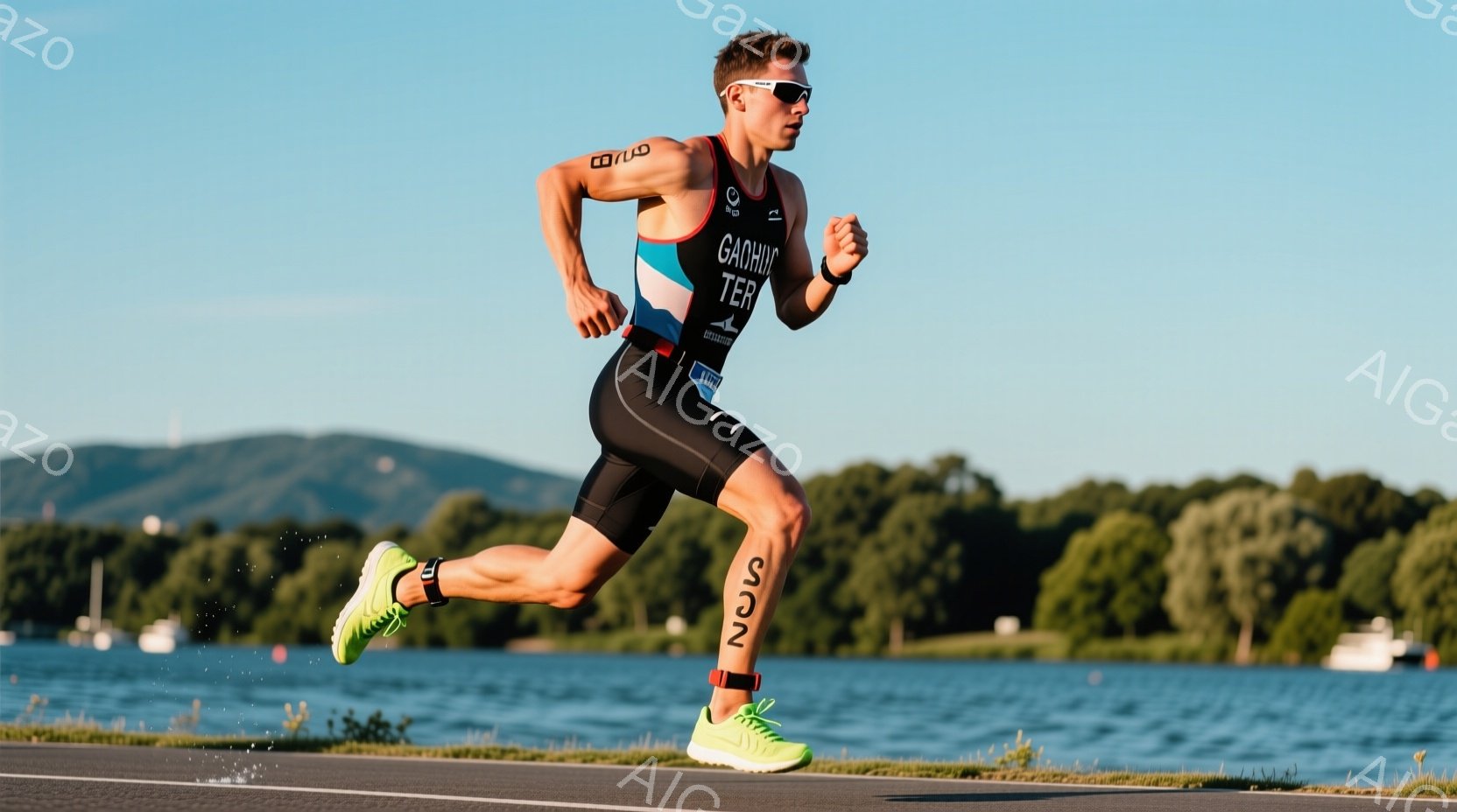 トライアスロン選手と思われる男性が、湖沿いの道路を走っている写真です。黒いトライスーツに、鮮やかな緑色のランニングシューズを履き、集中した表情で前を見据えています。背景には穏やかな湖と、緑豊かな山々が広がっており、晴天の下で活気のある雰囲気が漂っています。
