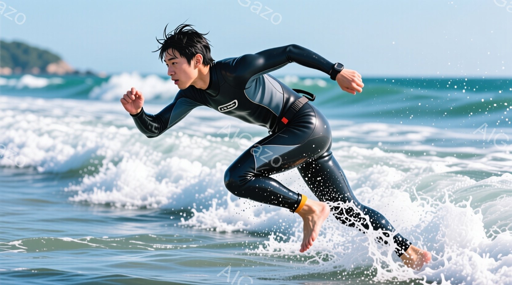 黒いスイムスーツを着た男性が、波の上を駆ける姿が捉えられています。彼は足元に激しい波しぶきを上げながら、力強く前へ進んでいます。背景には穏やかな青い海と、遠くに見える緑の陸地が広がっており、晴天の下、 - AI生成フリー素材