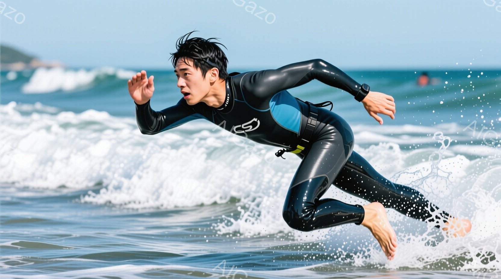 黒い水着を着た男性が、波の上を力強く走り出している様子が捉えられている。彼は短い黒髪で、前方に集中した表情をしている。背景には穏やかな青い海と、遠くに見える陸地があり、晴れた日の活動的な雰囲気が漂って - AI生成フリー素材