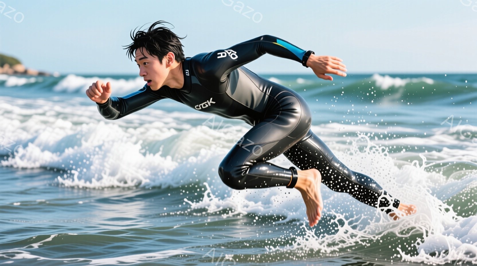 黒いスイムスーツを着た男性が、波の中を駆けている様子が捉えられています。彼は足元が水中にあり、片手を前に伸ばし、ダイナミックな姿勢で走っています。背景には穏やかな波と、遠くに見える海岸線が広がっており - AI生成フリー素材