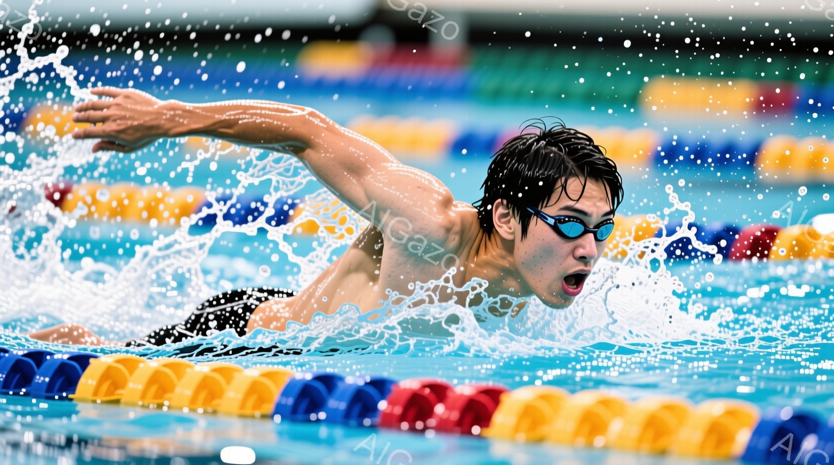 水泳選手が競泳プールでクロール泳法で泳いでいる様子が捉えられています。彼は黒い水着を着用し、黒髪を濡らして泳いでおり、集中した表情で口を開けています。背景にはプールのレーンを示すカラフルな浮き輪と、水 - AI生成フリー素材