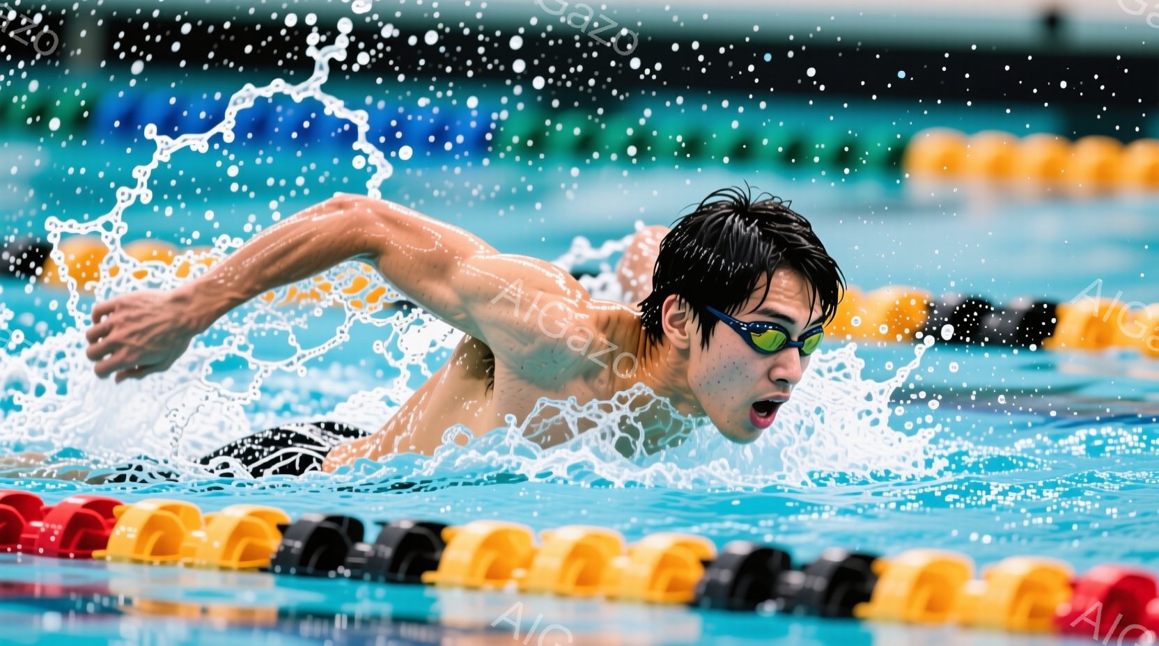 水泳選手が力強くクロールで泳いでいる様子が捉えられています。彼は黒い水着を着用し、黒髪を濡らして泳いでおり、集中した表情で口を開けています。背景には水面の波紋と、黄色いフロートが並び、活気のある競技場の雰囲気が漂っています。