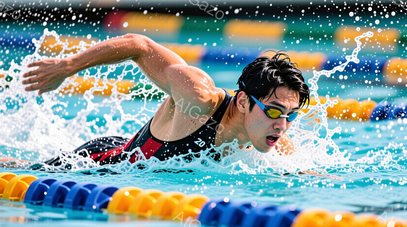 水泳選手が競泳プールでクロール泳法で泳いでいる様子が捉えられています。黒と赤のストライプが特徴的な水着を着用し、ゴーグルをかけ、力強い表情で前進しています。背景には水しぶきとプールのコースロープが見え、スピード感と競技の激しさを感じさせます。