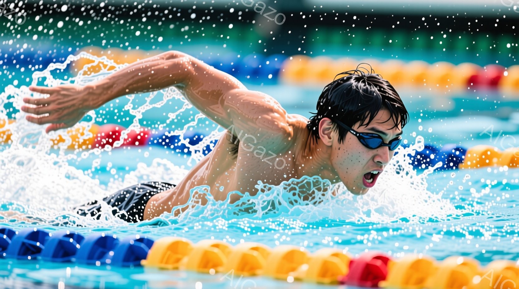 水泳選手が力強くクロールで泳いでいる様子が捉えられています。彼は黒い水着とゴーグルを着用し、濡れた髪は後ろに流れ、集中した表情で口を開けています。背景には水面の波紋と、水路の縁に並んだ黄色と赤のブイが見え、活気ある競技の雰囲気が伝わってきます。