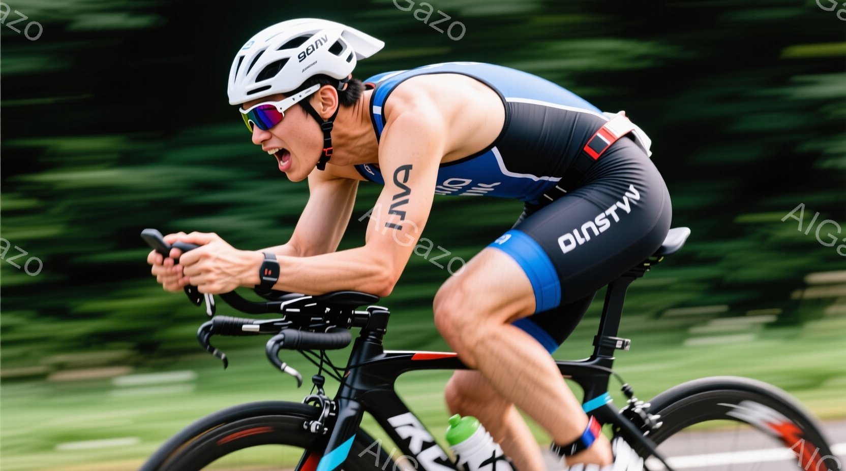競技者がトライアスロン用のウェアを着用し、ロードバイクで疾走している様子が写っている。彼は青と黒のスーツ、ヘルメット、サングラスを身につけ、集中した表情で前を見据えている。背景には緑豊かな自然が広がり - AI生成フリー素材