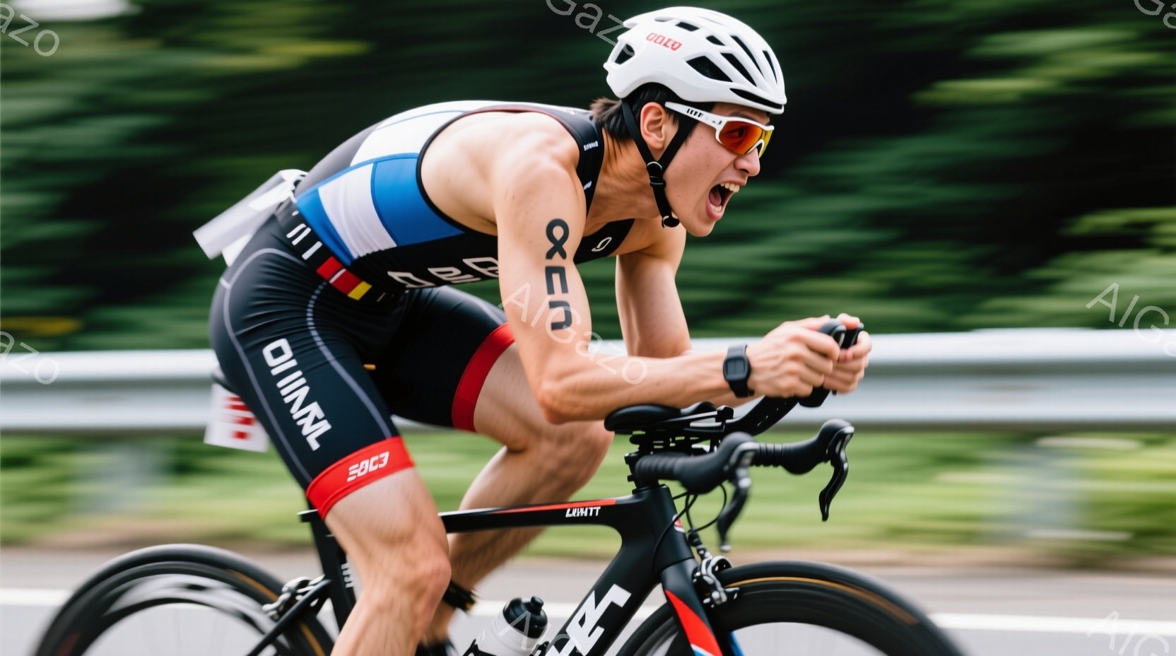 トライアスロン選手と思われる男性が、ロードバイクに乗り、全力疾走している様子が写っている。彼は、青、赤、白のストライプが入ったトライスーツとヘルメットを着用し、顔には強い決意と疲労の色が見える。背景には緑豊かな自然と道路があり、晴天の下、競技に集中している様子が伝わる。