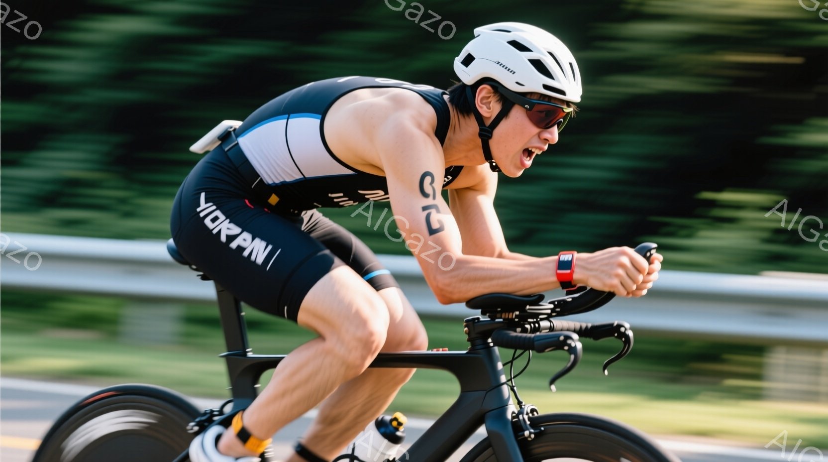 自転車競技をする男性が写っている。彼は黒と白のトライアスロンスーツとヘルメットを着用し、集中した表情で前を見据えている。背景は緑豊かな風景と道路で、晴天のもと、競技に没頭している様子が伝わってくる。 - AI生成フリー素材