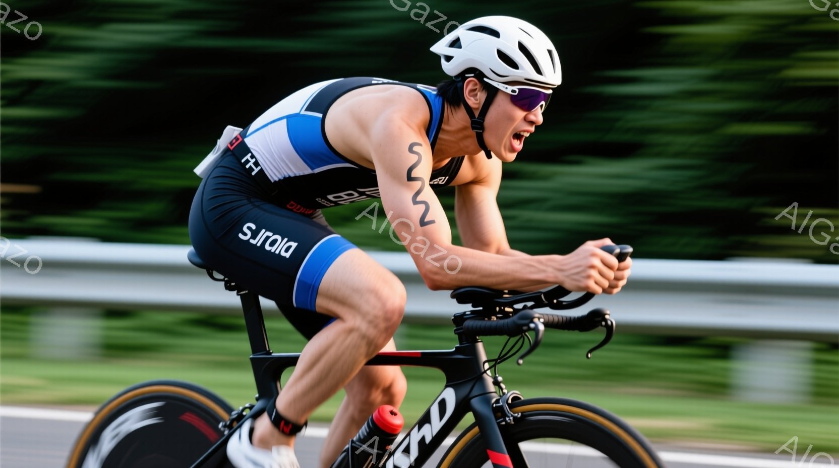 青と黒のトライアスロン用ウェアとヘルメットを着用した男性が、ロードバイクに乗って前傾姿勢で疾走している。顔には強い決意と苦悶が表れており、スピード感と集中力が伝わってくる。背景は緑豊かな自然で、晴天の下、アスファルトの道が続いている。