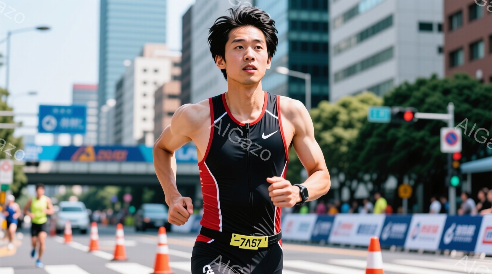 競技者の男性が、赤いラインの入った黒のランニングウェアと黒の短パンで、マラソンコースを走っている。彼の髪は短く整えられ、表情は真剣で、集中して前を見つめている。背景には高層ビル群やオレンジ色のコーン、 - AI生成フリー素材