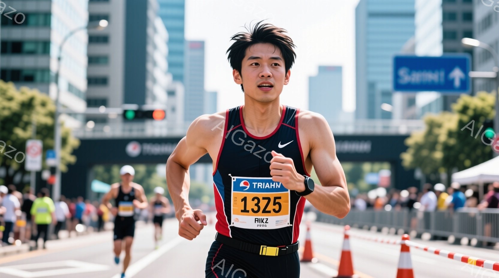 マラソンランナーが競技場で走っている様子が写っている。彼は黒と赤のランニングシャツ、黒いショートパンツを着用し、額には汗をかいている。背景には高層ビルや他のランナーが見え、晴天の下、活気に満ちた競技会 - AI生成フリー素材