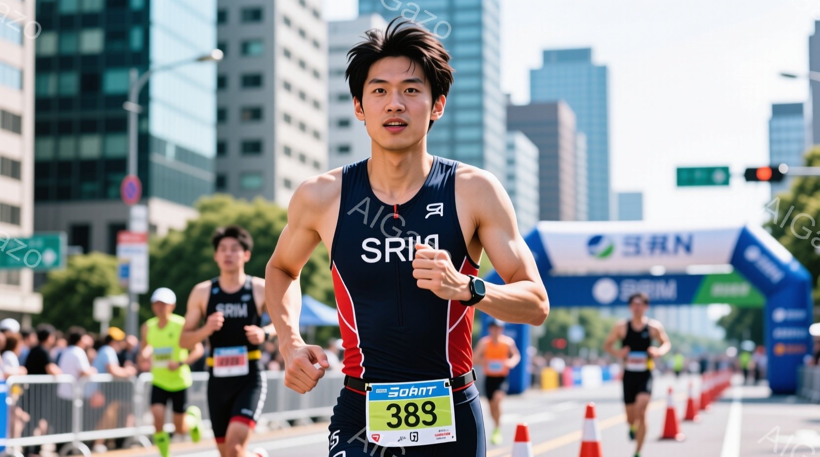 マラソンランナーが競技中に走っている写真です。彼は黒と青のトライスーツを着て、競技番号の「389」を胸につけています。背景には高層ビルや他のランナーがおり、晴天の下、活気のある競技の雰囲気が伝わってき - AI生成フリー素材