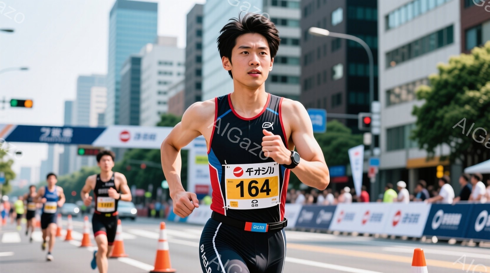 男性のマラソンランナーが競技中に写っている。彼は黒のトライスーツと、競技番号「164」のビブを身につけており、集中した表情で前を見据えている。背景には高層ビル群と観客席、そして晴天の下、アスファルトの道路が広がっており、活気のある競技の雰囲気が伝わってくる。