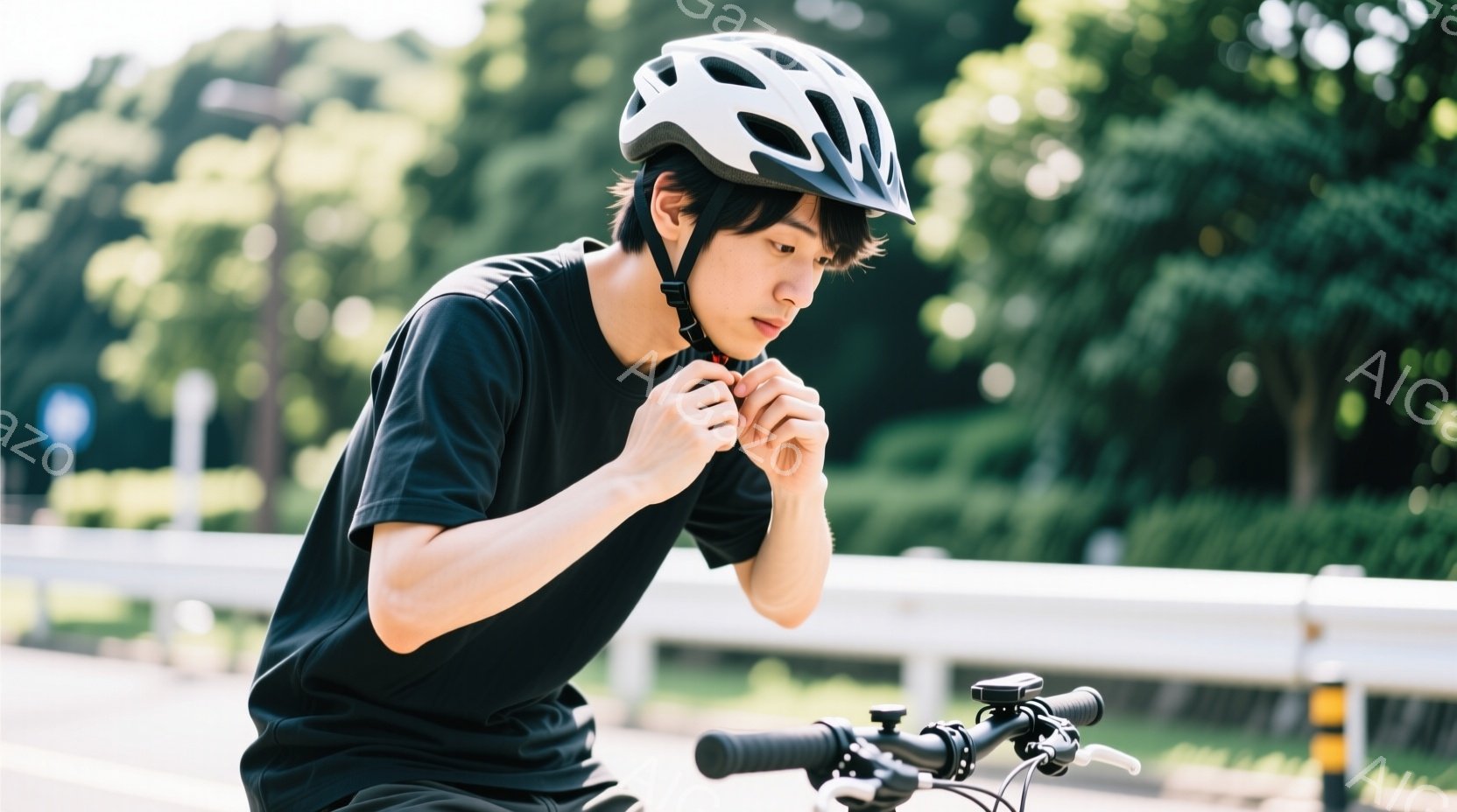 黒いTシャツを着た若い男性が、自転車に乗りながらヘルメットのストラップを締めようとしています。彼は短い黒髪で、集中した表情で前を見つめています。背景には緑豊かな木々とガードレール、そして晴天の空が広が - AI生成フリー素材