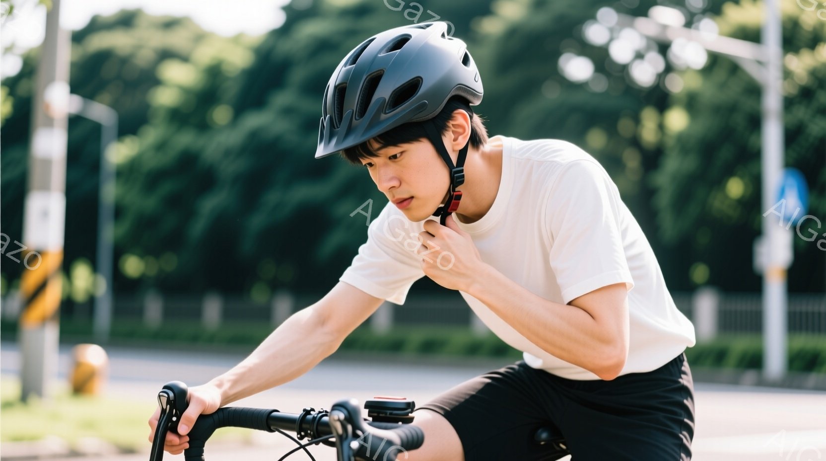 自転車に乗った男性が写っている。白いTシャツと黒いショーツ姿で、黒いヘルメットを着用し、少し前かがみの姿勢でハンドルを見ている。背景には道路、歩道、そして緑の植生が見え、晴天の下、運動を楽しむ様子が伺 - AI生成フリー素材