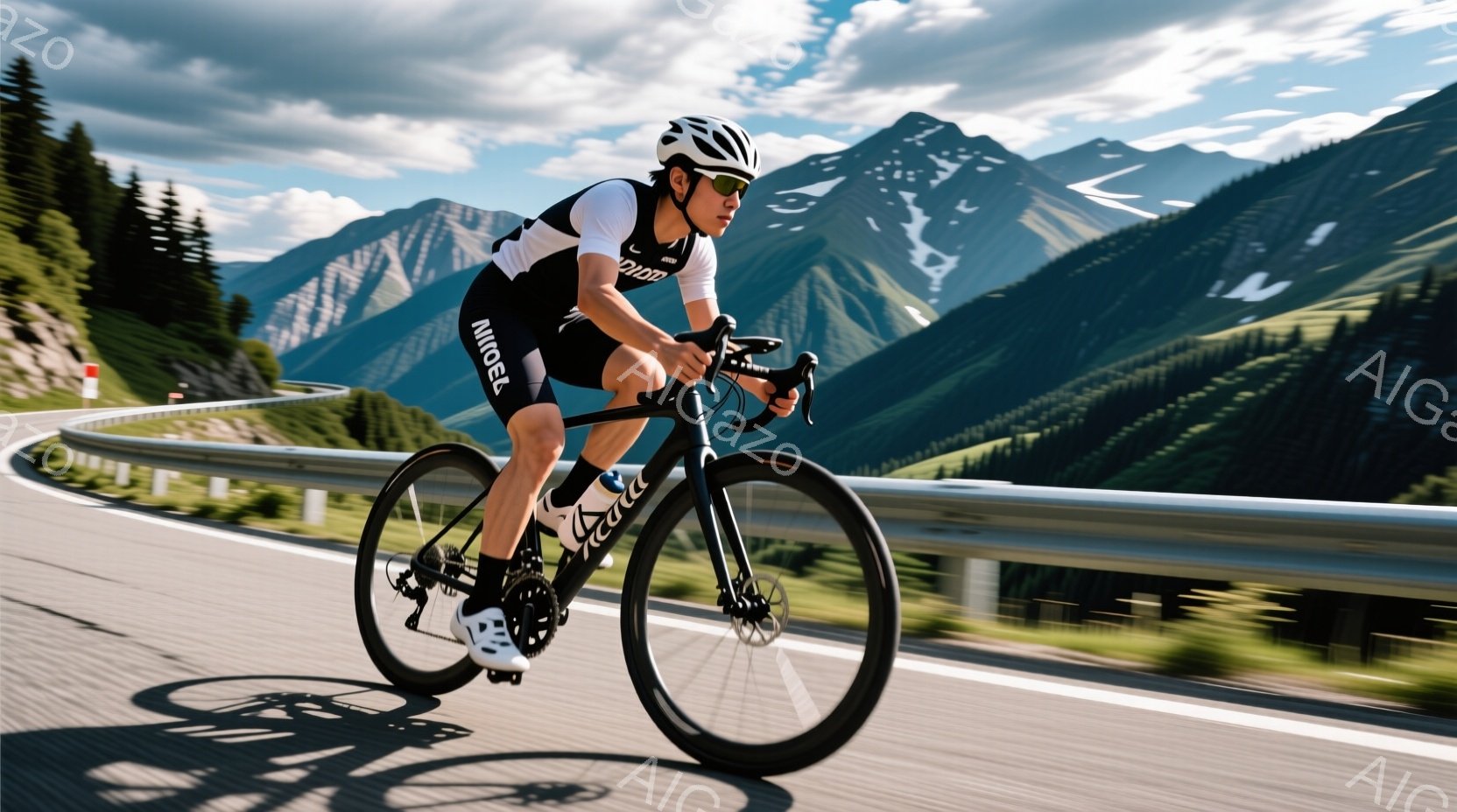 道路を疾走するサイクリストが写っている。彼は黒と白のサイクルウェア、ヘルメット、サングラスを着用し、集中した表情で前を見据えている。背景には緑豊かな山々が連なり、晴天の下、爽やかな風を感じさせる風景が広がっている。