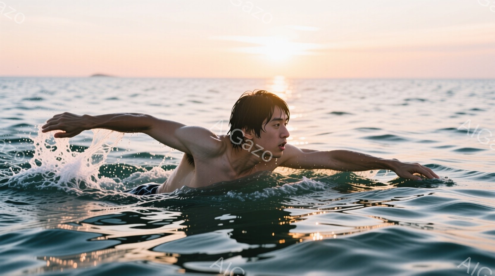 紺碧の海で男性がクロールで泳いでいる様子が捉えられている。彼は上半身裸で、濡れた黒髪が額にかかっている。背景には穏やかな夕焼け空が広がり、海面には光の反射が見られ、全体的に静かで力強い雰囲気を醸し出し - AI生成フリー素材