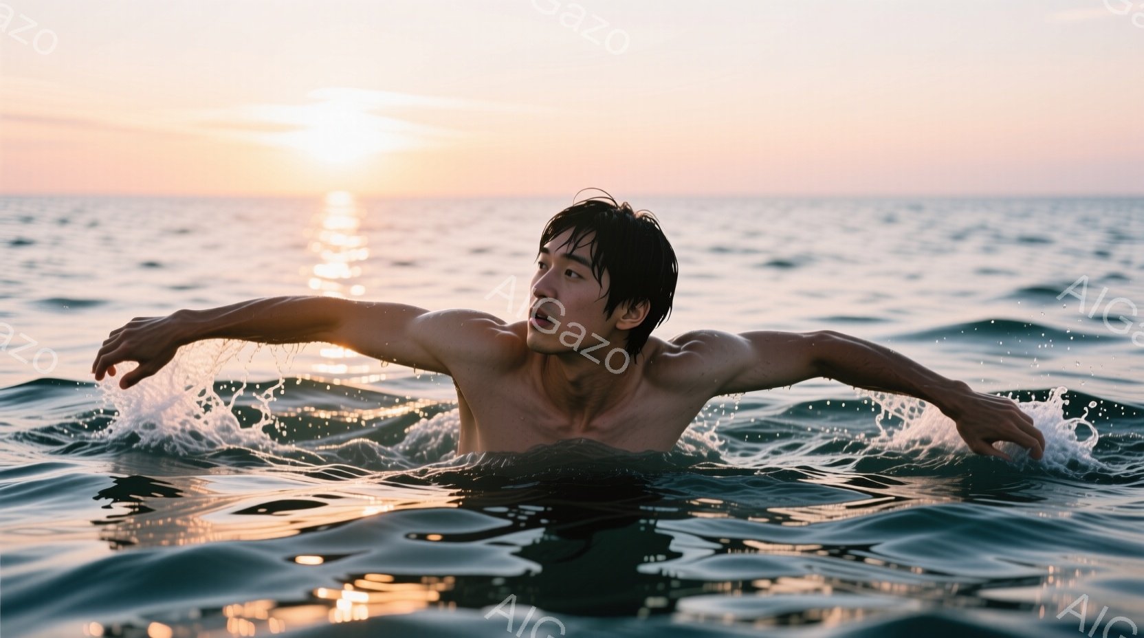 海の中で泳いでいる男性が写っている。彼は上半身裸で、濡れた黒髪が額にかかっている。背景には、夕焼けに照らされた穏やかな海が広がり、水面には太陽の光が反射している。 - AI生成フリー素材