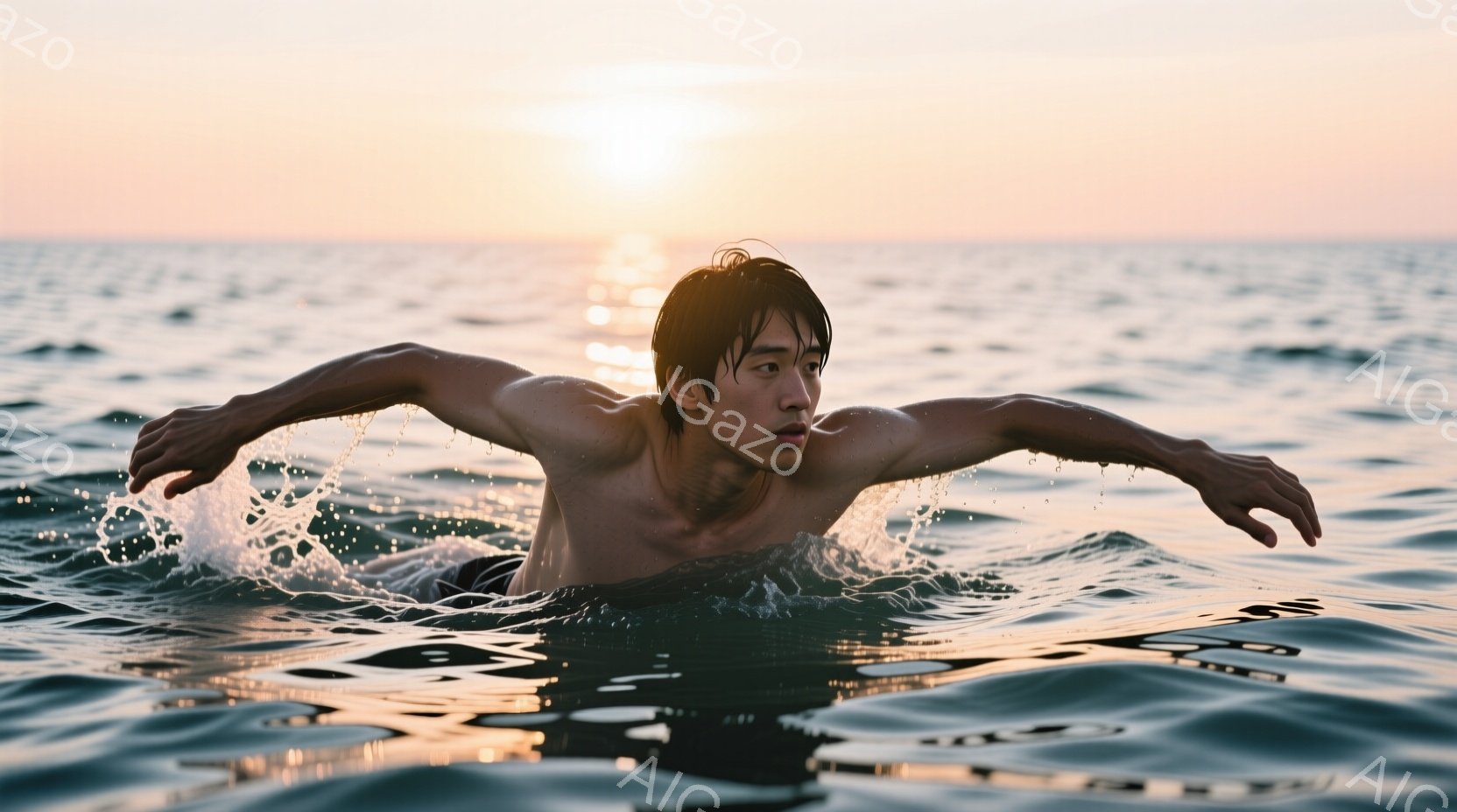 一人の男性が海の中で泳いでいる様子が捉えられています。彼は上半身裸で、濡れた黒い水着を着用し、ストロークのために両腕を大きく広げています。背景には夕焼けの光が海面を照らし、穏やかで美しい雰囲気を醸し出 - AI生成フリー素材