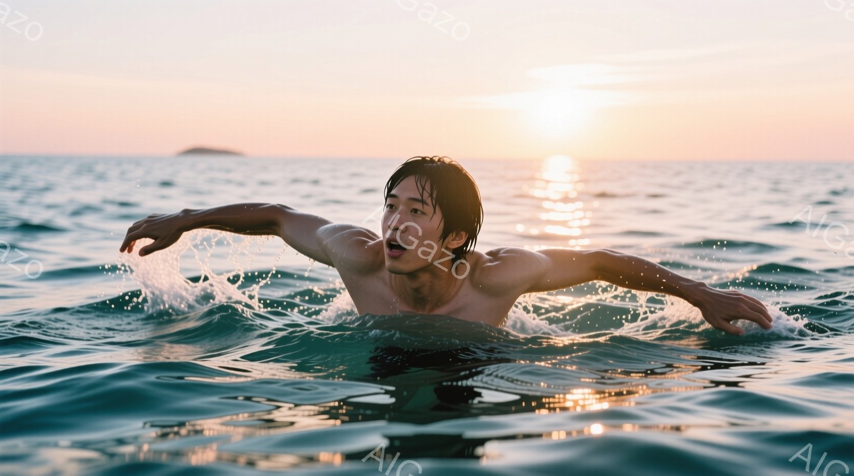 若い男性が海中でクロールで泳いでおり、水しぶきが上がっている。彼は上半身裸で、濡れた黒髪が額にかかり、集中した表情をしている。背景には穏やかな波と、夕焼けの光が反射する海面、そして遠くの島影が見え、静かで穏やかな雰囲気が漂っている。