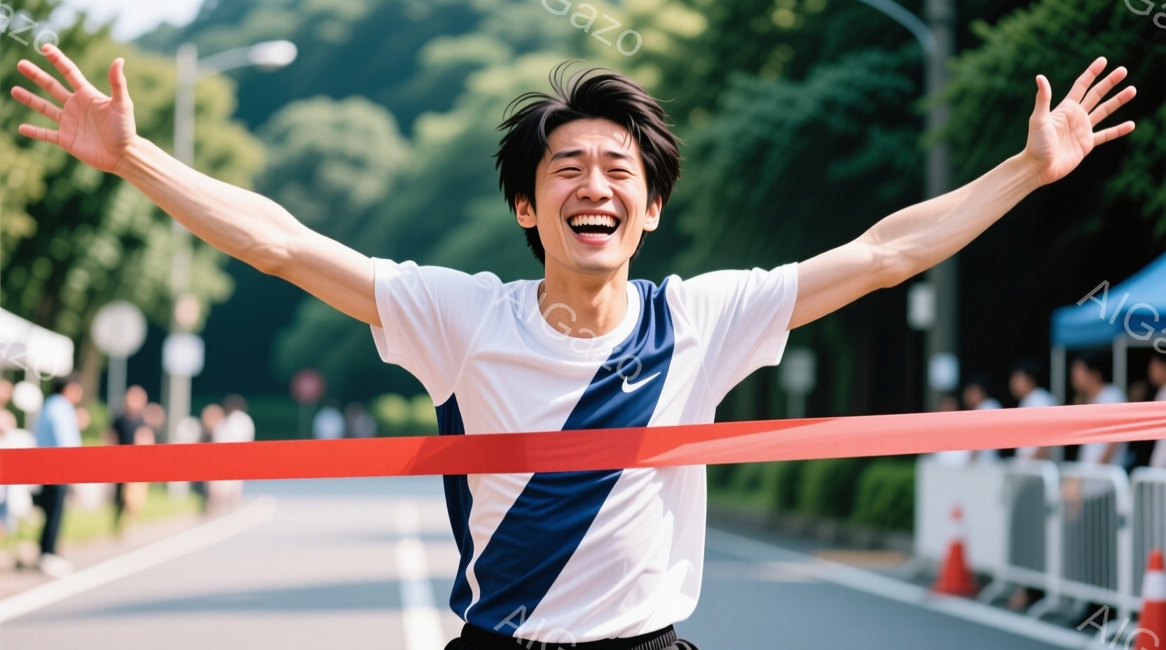 競技者がフィニッシュラインを駆け抜け、両腕を高く上げて歓喜している様子が写っている。白地に紺色のラインが入ったランニングシャツと黒いショーツを着用し、短髪で笑顔を見せている。背景には道路、沿道の観客、緑豊かな木々が見え、晴天の下、活気あふれるマラソン大会の様子が伝わる。
