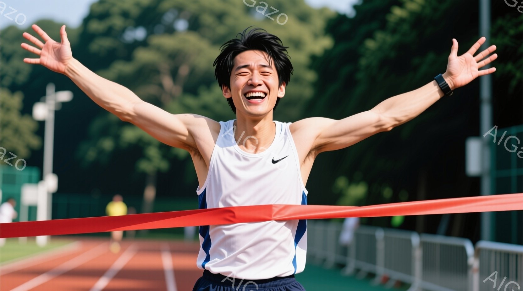 白いタンクトップと黒い短パンを着用した若い男性が、競技場のフィニッシュラインを駆け抜け、両手を高く上げて歓喜しています。彼の表情は笑顔に満ち溢れ、競技への情熱と達成感が伝わってきます。背景には緑豊かな - AI生成フリー素材
