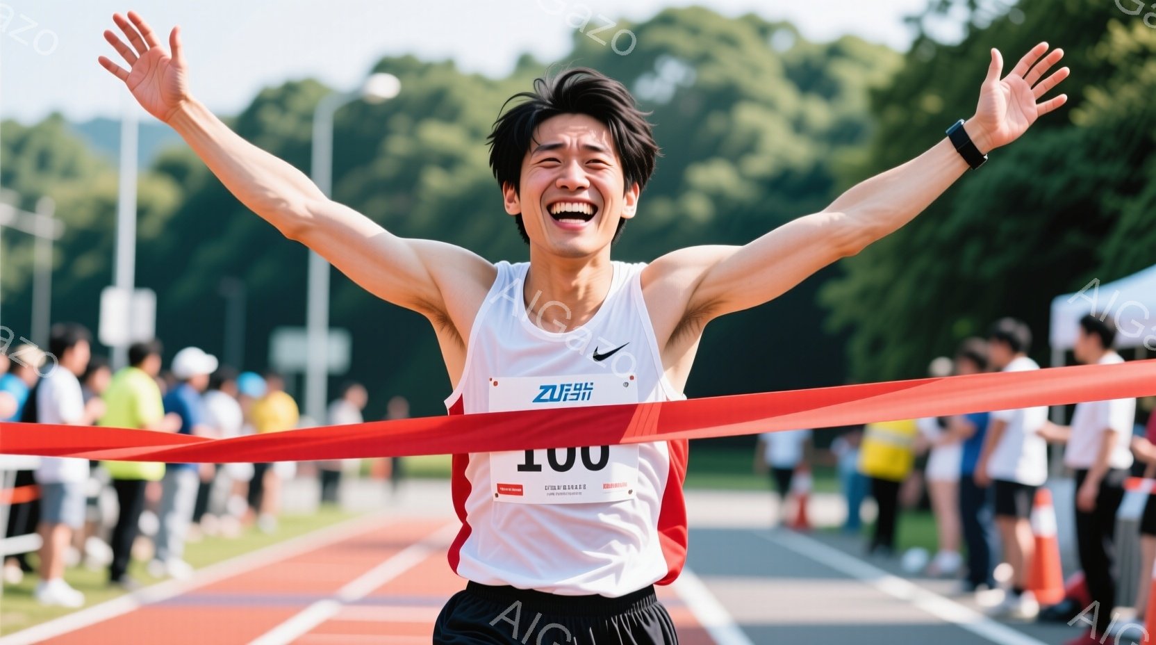 競技トラックで、若い男性ランナーがゴールテープを切る瞬間を捉えた写真です。彼は白いタンクトップと黒いショーツを着用し、腕を高く上げて満面の笑みを浮かべています。背景には他のランナーや観客、そして緑豊か - AI生成フリー素材