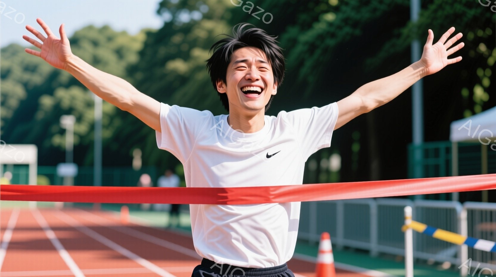競技場のトラックをゴールで両手を広げ、笑顔の若い男性が写っている。白のスポーツシャツに黒のショーツを着用し、黒髪を短く整えている。背景には緑豊かな木々や競技場の設備が見え、晴天の下、勝利の瞬間を捉えた - AI生成フリー素材