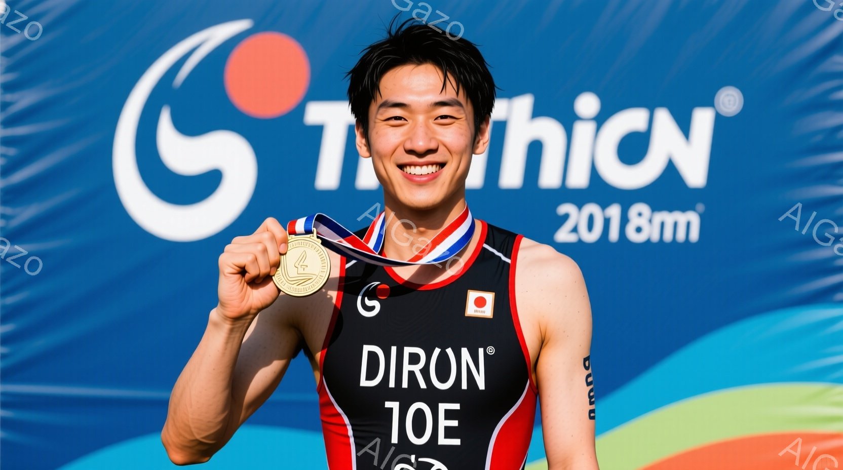 メダルを首から下げて笑顔を見せる若い男性が写っています。彼は黒と赤のトライアスロン用スーツを着用し、短髪で、顔には喜びの表情が浮かんでいます。背景には青い壁があり、「DIRON」と「2018m」の文字 - AI生成フリー素材