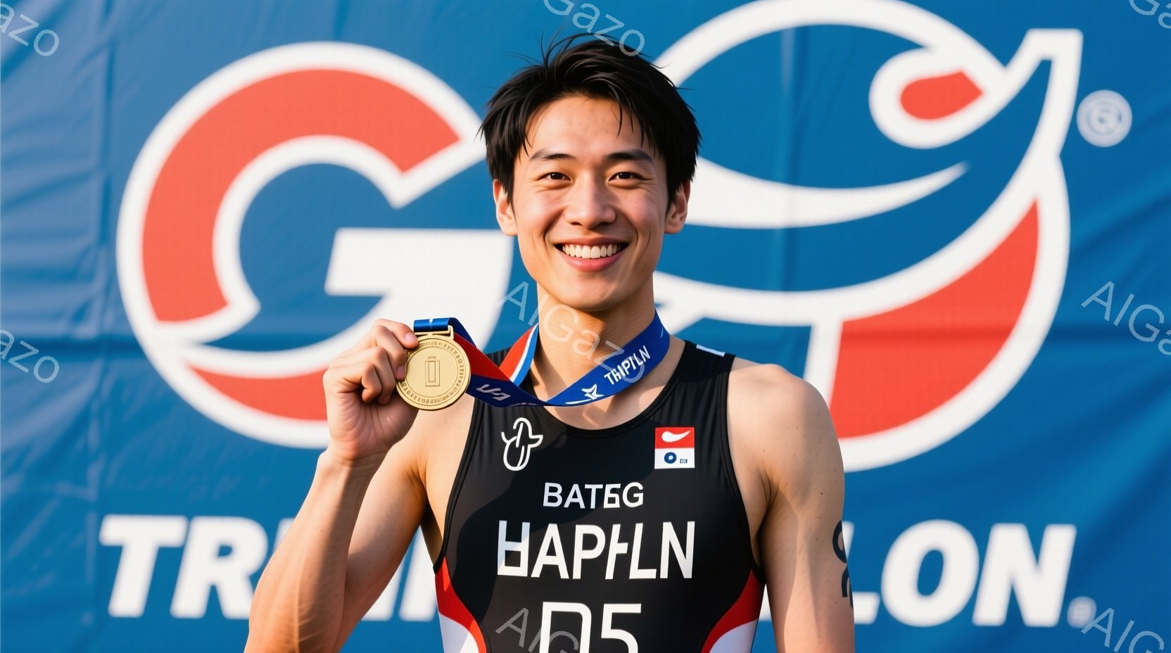 若い男性がトライアスロンのユニフォームを着て、金メダルを手に笑顔で立っています。黒のタンクトップには「BATEG」と書かれ、肩にオランダの国旗がデザインされています。背景には青い壁と大きなロゴが描かれており、競技終了後の喜びの瞬間を捉えた写真です。