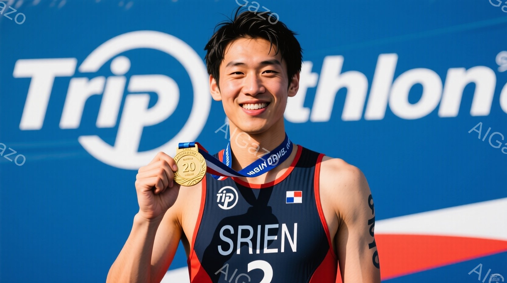 トライアスロンの競技者が写っており、日本の国旗が描かれた黒と赤のレーシングスーツを着用し、金色のメダルを誇らしげに掲げています。彼は短く整髪された髪型で、笑顔を見せており、競技後または表彰式での喜びに満ちた様子が伝わってきます。背景には、青空の下に「TRIEN」と書かれたトライアスロンのロゴが見え、爽やかで活気のある雰囲気が漂っています。