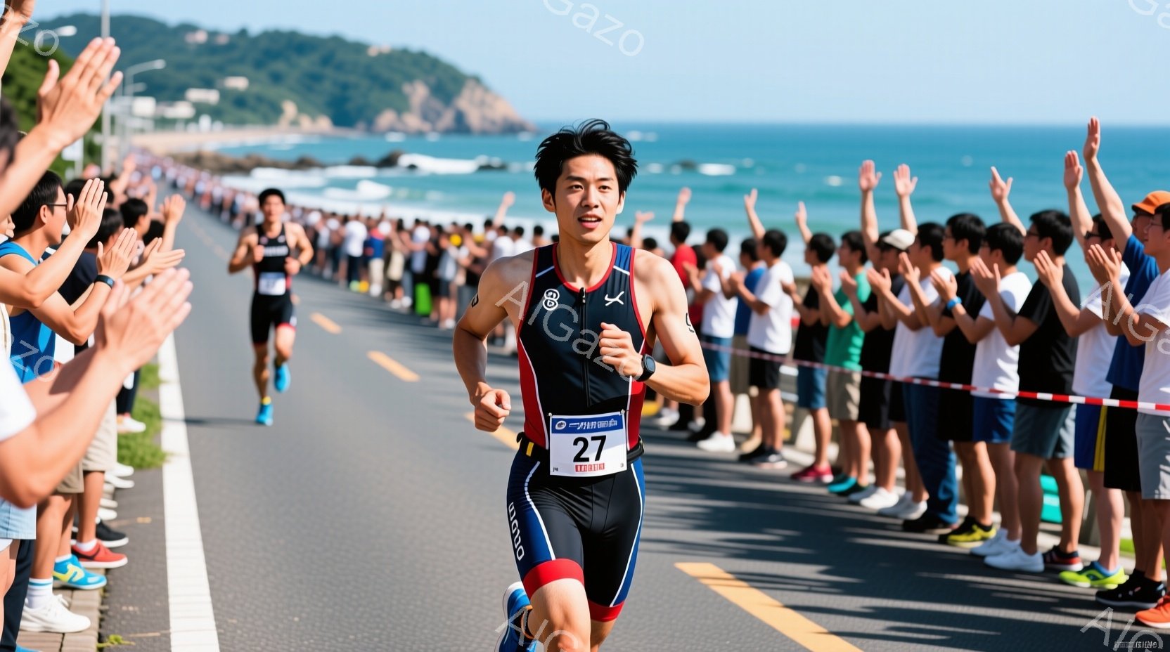 トライアスロン競技者がコースを疾走している様子が写っている。黒のトライスーツに、鮮やかな赤と青のラインが入ったウェアを着用し、27という番号のゼッケンをつけている。背景には、青い海と多くの観客が並び、 - AI生成フリー素材