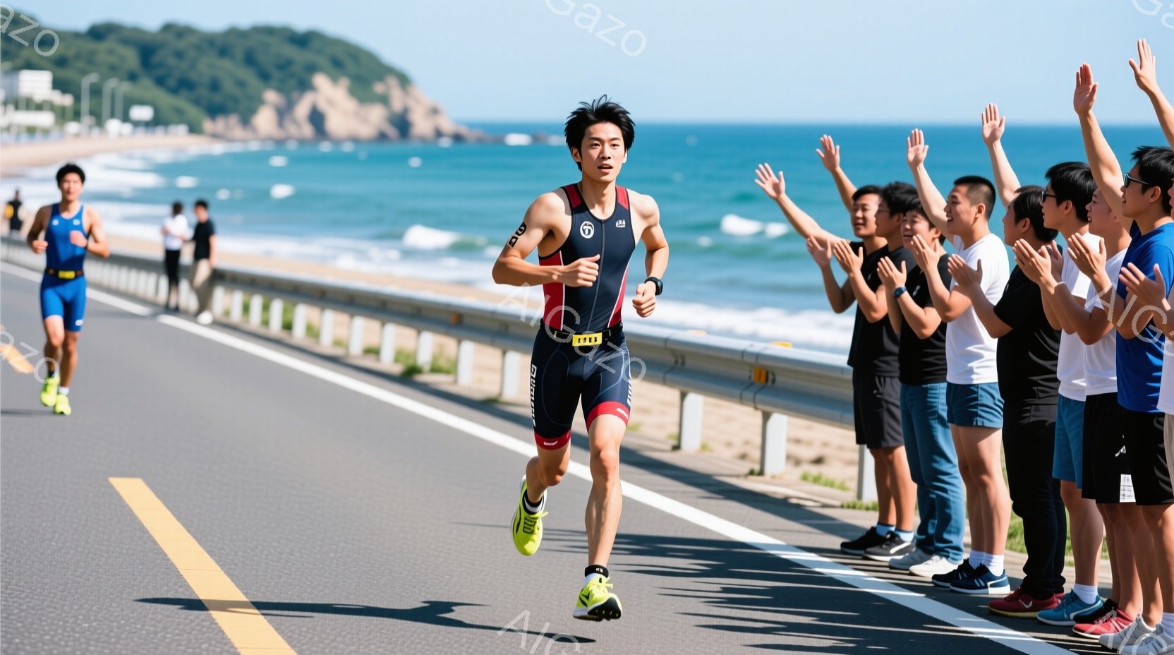 トライアスロンの競技者が海岸沿いの道路を走っている様子が写っている。競技者は黒のトライスーツを着用し、鮮やかな緑色のシューズを履いている。背景には青い海と空、そして観客が手を挙げて応援している様子があり、全体的に活気に満ちた競技の雰囲気が伝わる。