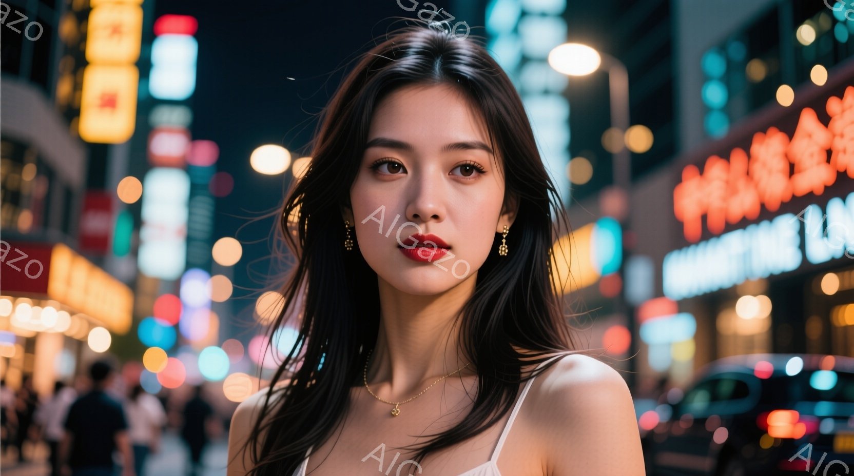 長い黒髪を無造作に肩から垂らし、白いキャミソールを着た若い女性が写っている。彼女は赤い口紅をつけ、少し微笑んでいるように見える。背景には、夜の賑やかな街並みと、ぼやけた人々の姿が写り込み、華やかで都会 - AI生成フリー素材