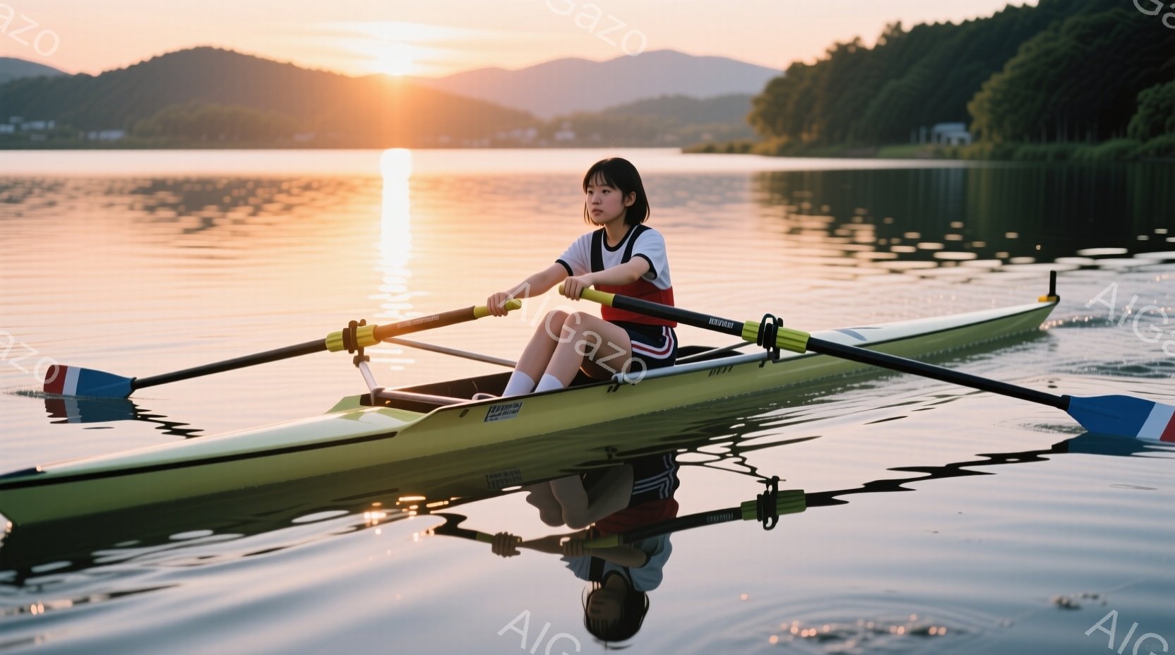 若い女性がボートに乗って水面を滑る姿が捉えられています。彼女は黒いショーツと白いTシャツを着ており、髪は後ろでポニーテールに結ばれています。背景には穏やかな湖、緑豊かな山々、そして夕焼けの光が広がり、 - AI生成フリー素材